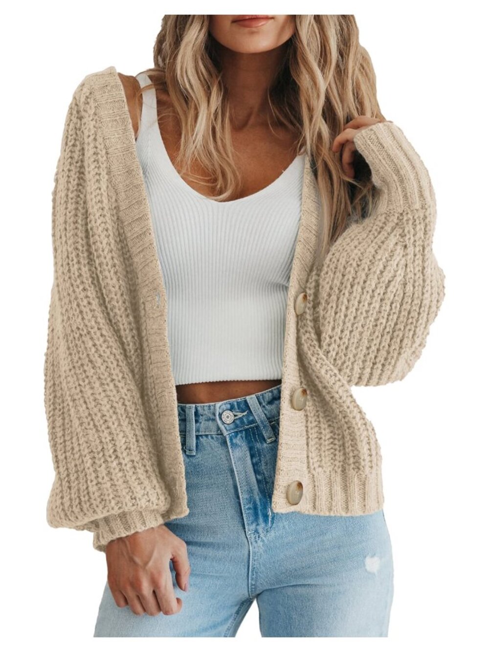 Womens Chunky Knit Open Front Button Cardigan Sweater Long Sleeve